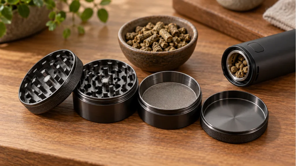 Four-piece herb grinder beside a dry herb vaporizer chamber