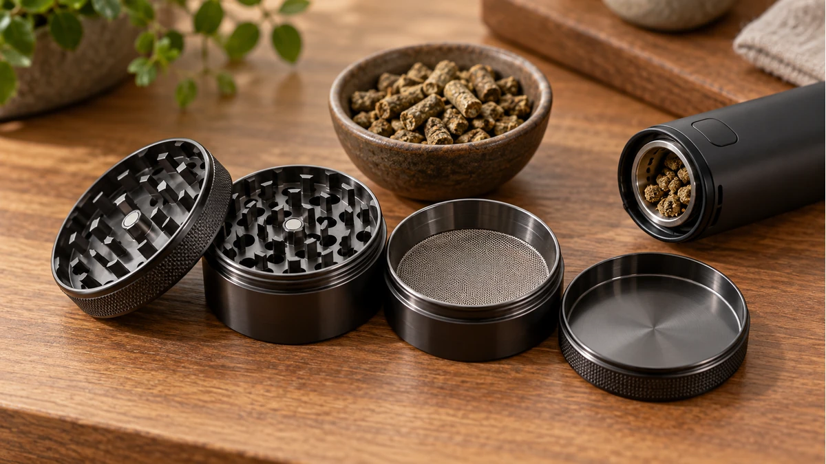 Four-piece herb grinder beside a dry herb vaporizer chamber Four-piece herb grinder beside a dry herb vaporizer chamber