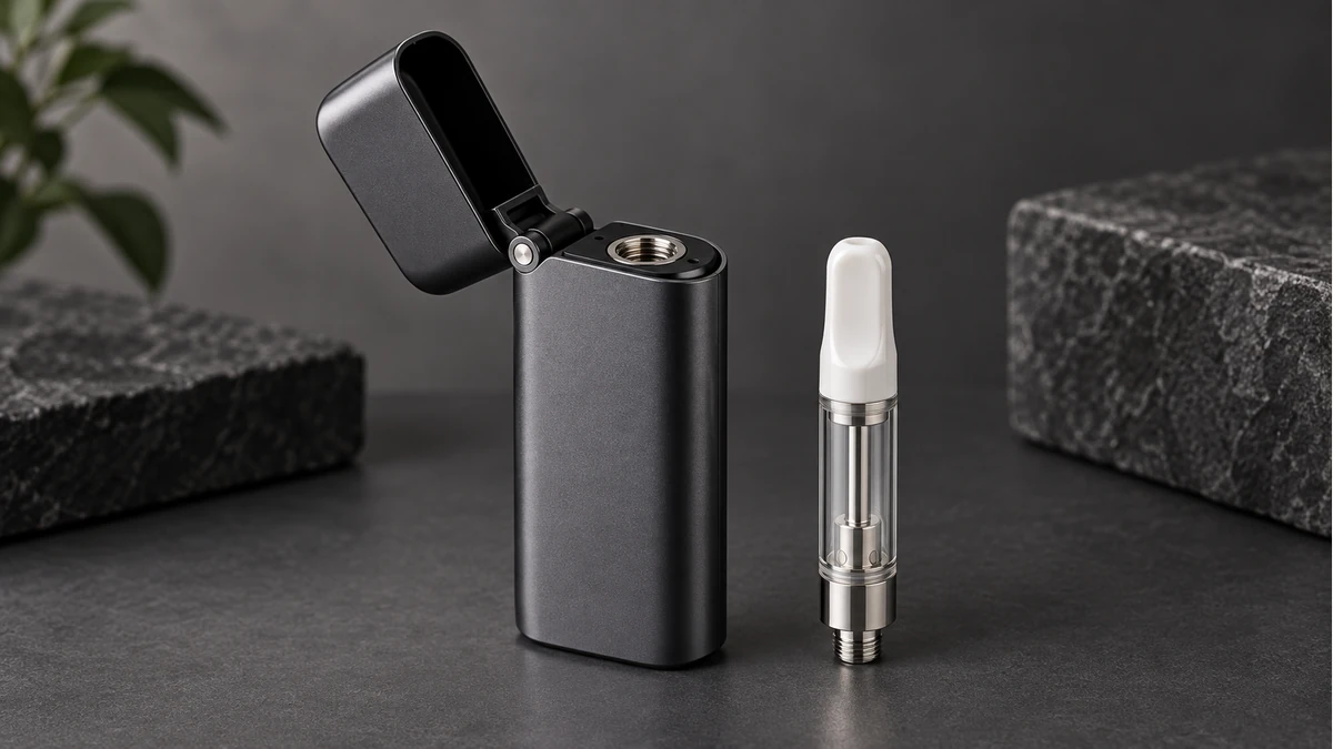 Open flip 510 battery beside a compatible oil cartridge