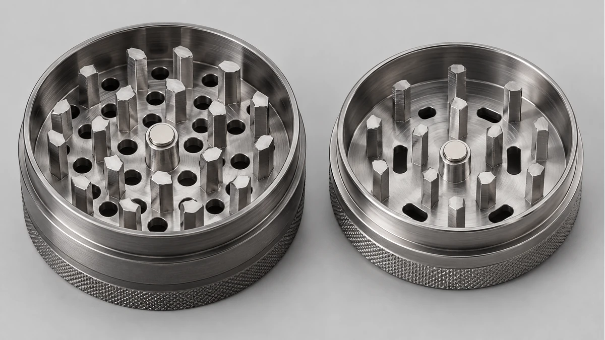Two herb grinders with different tooth spacing and drop-hole patterns Two herb grinders with different tooth spacing and drop-hole patterns
