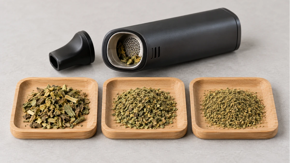Coarse, medium and fine dry botanical particles beside a vaporizer chamber