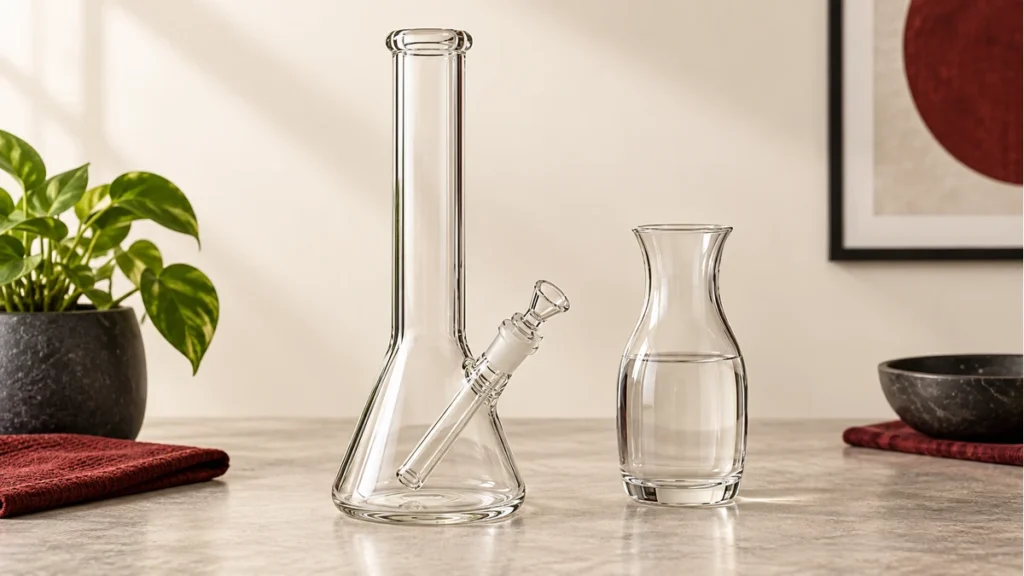 Empty bong beside a water carafe