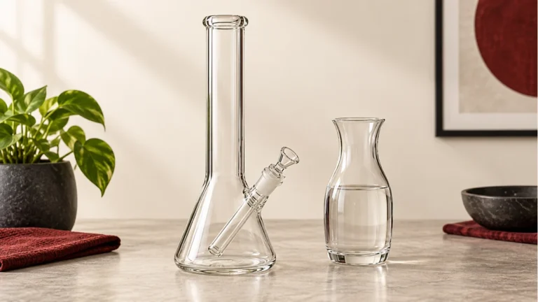 Empty bong beside a water carafe