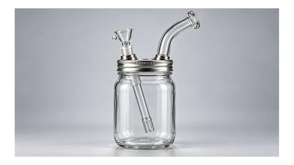 Complete mason jar water pipe with fitted lid and glass downstem