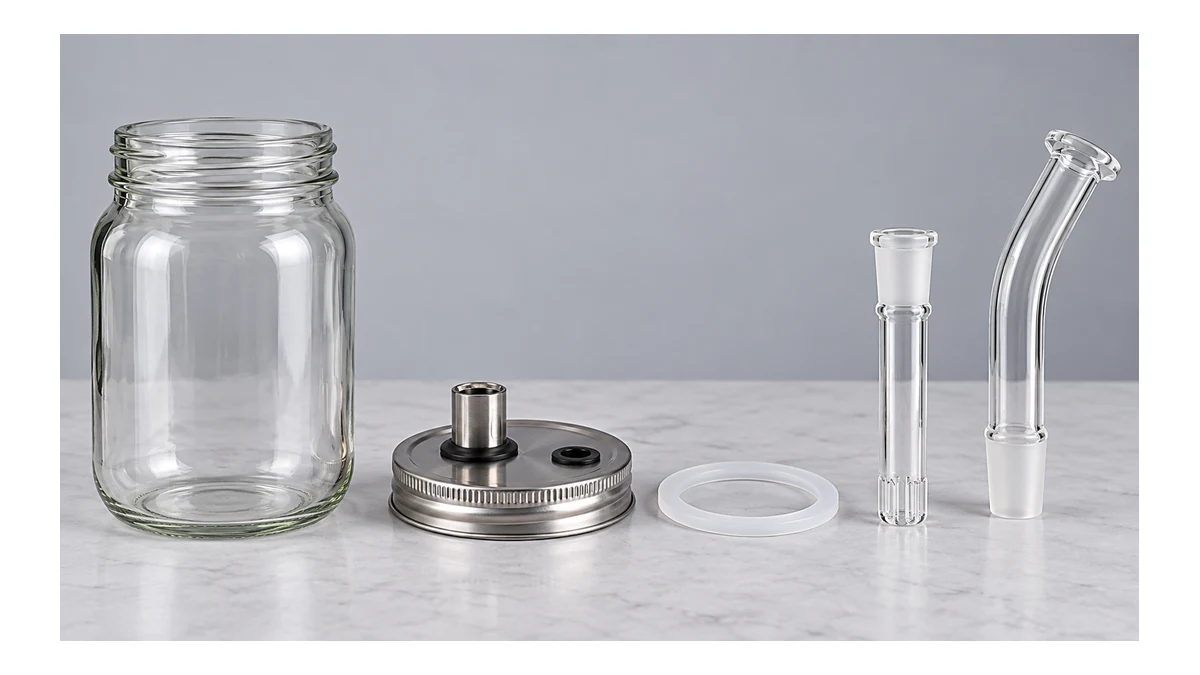 Exploded mason jar water pipe lid, seal and downstem assembly
