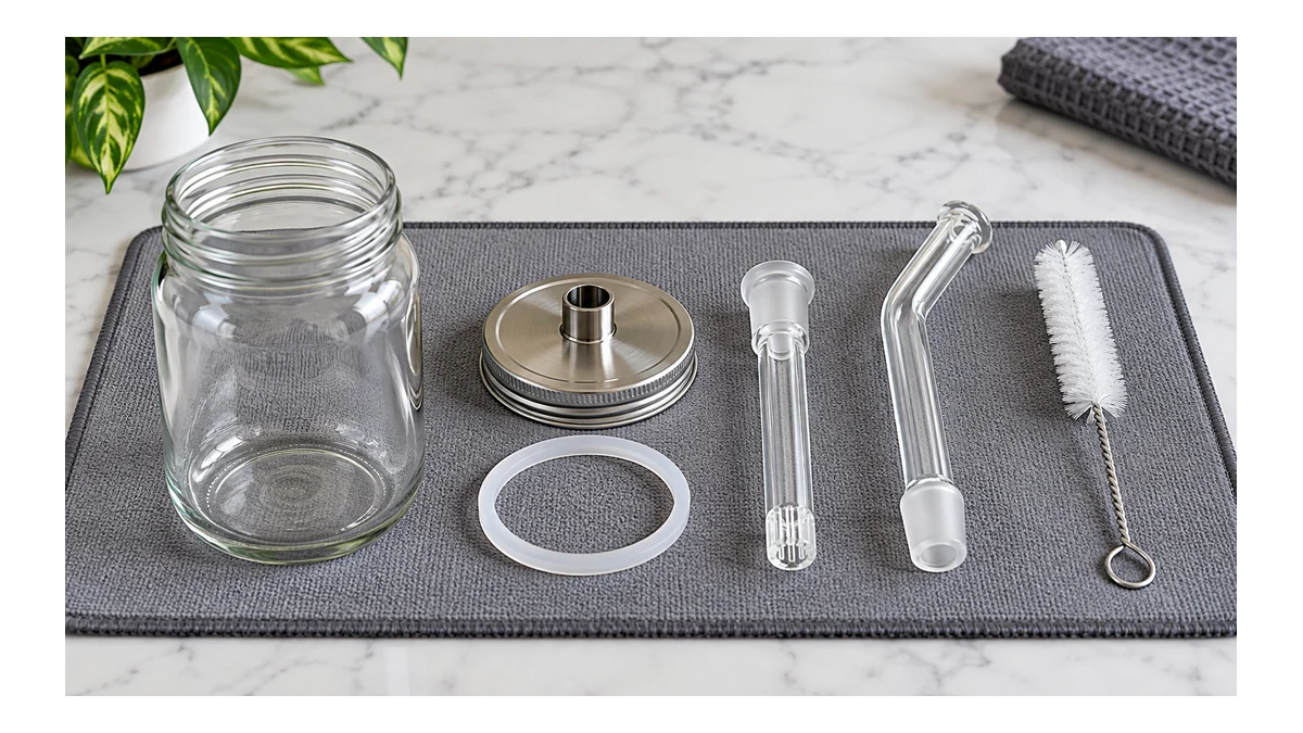 Mason jar water pipe parts arranged for cleaning