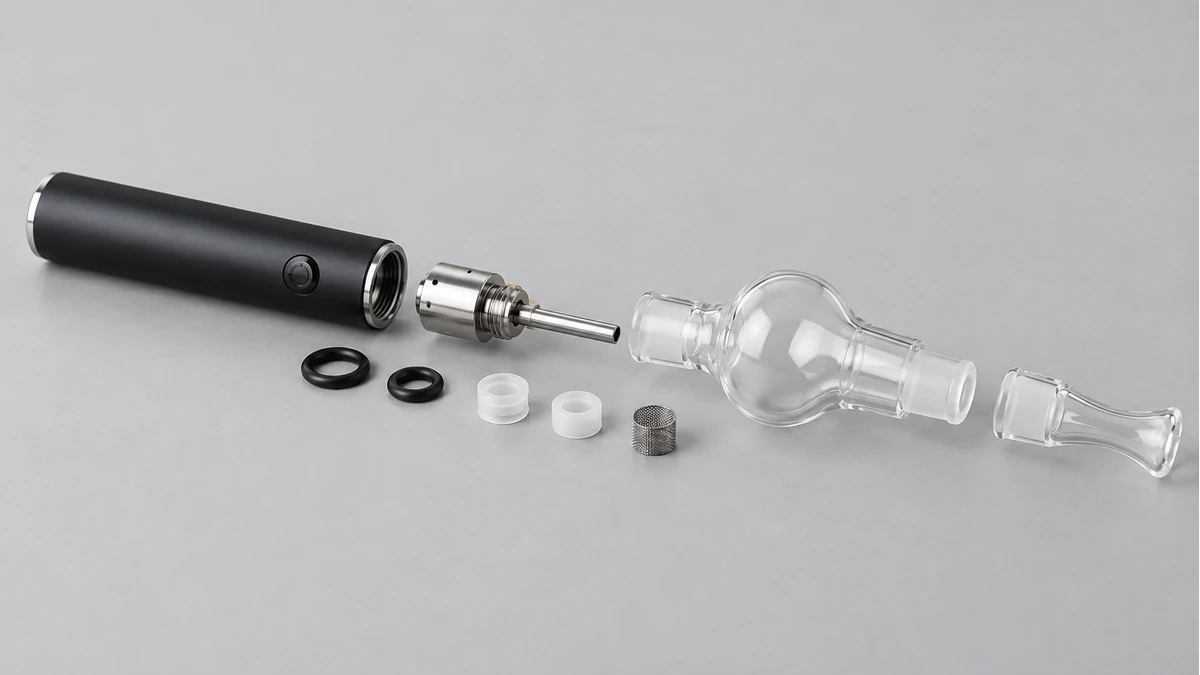 Battery, heater tip, seals and glass bubbler arranged separately