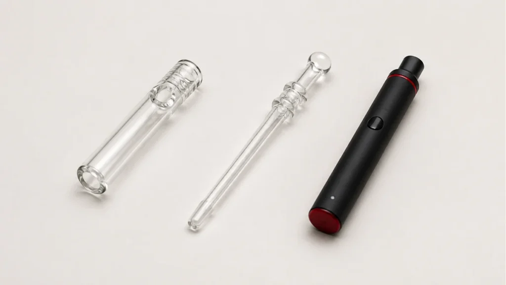 Compact one-hitter, dab straw and wax pen hardware