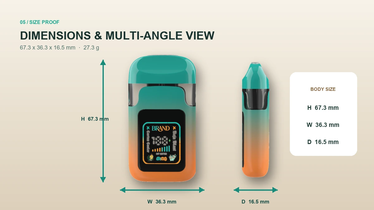 AOVAPE Flip Selectable Reservoir Vape dimensions and multi-angle presentation
