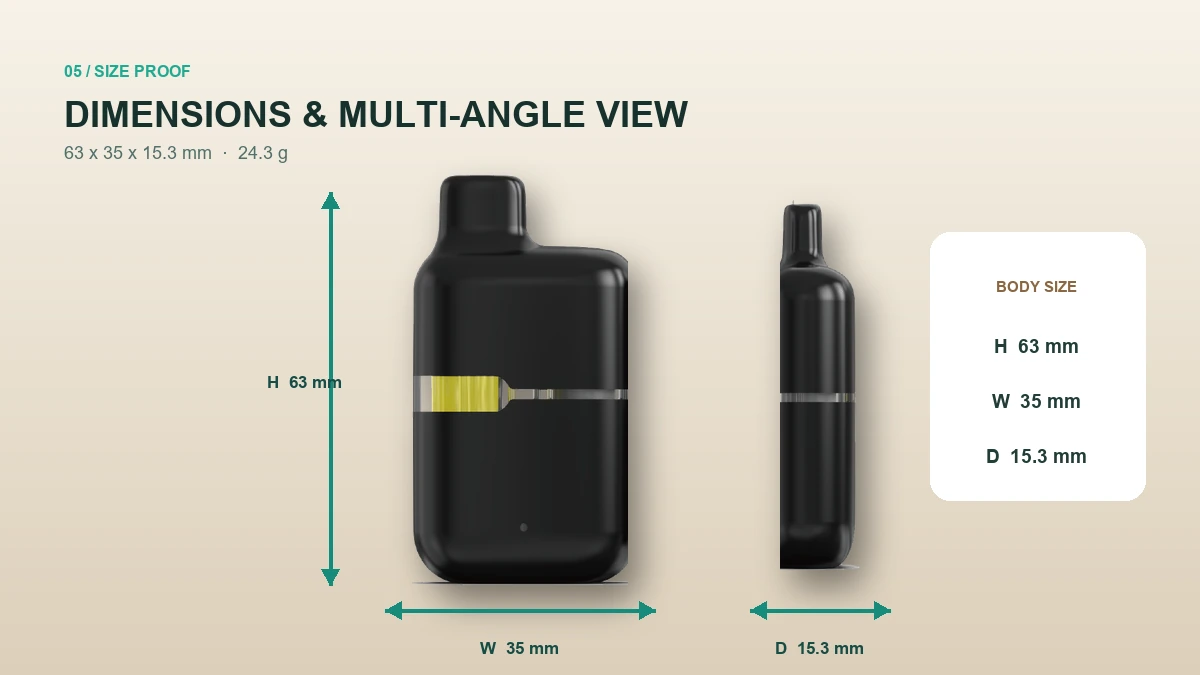 AOVAPE Nook Compact Oil Vape Pen dimensions and multi-angle presentation