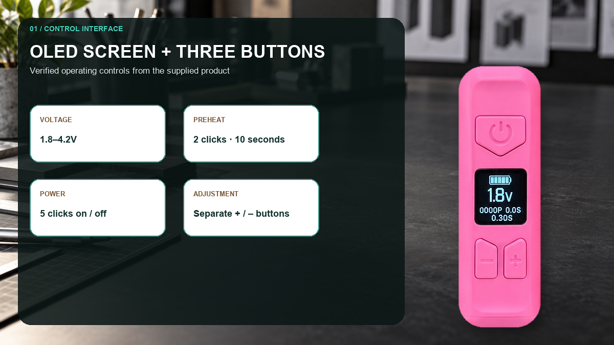 AOVAPE PocketScreen OLED display voltage preheat and three-button control details