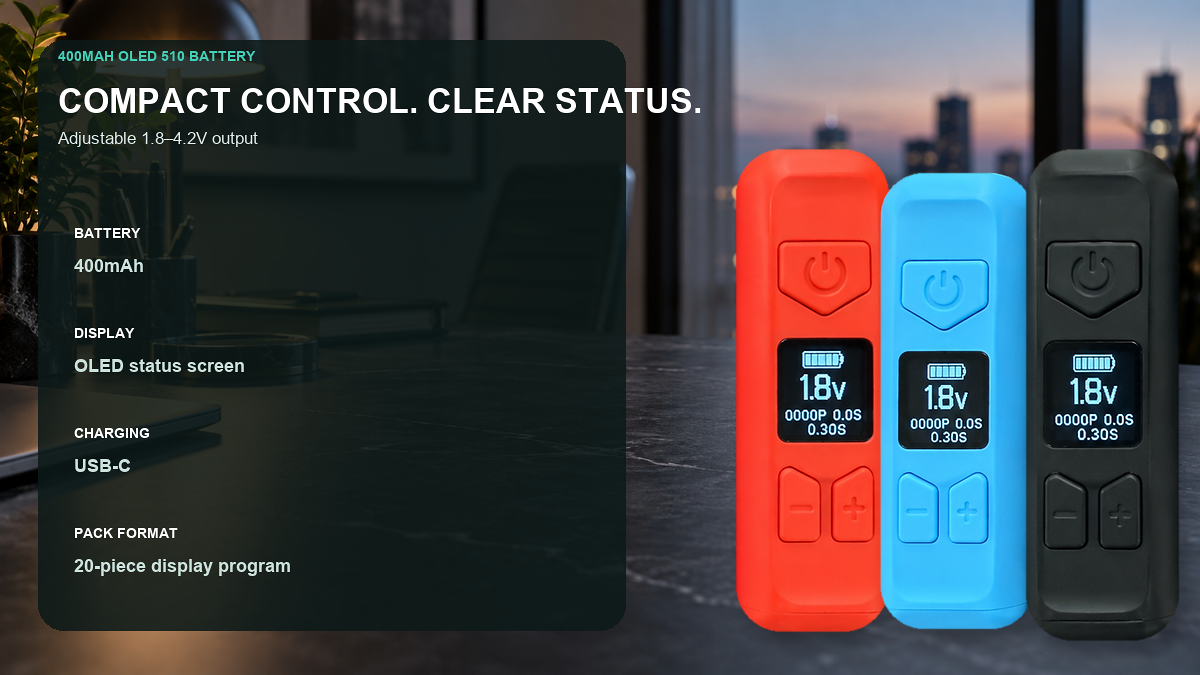 AOVAPE PocketScreen OLED 510 battery in an adult urban desktop presentation