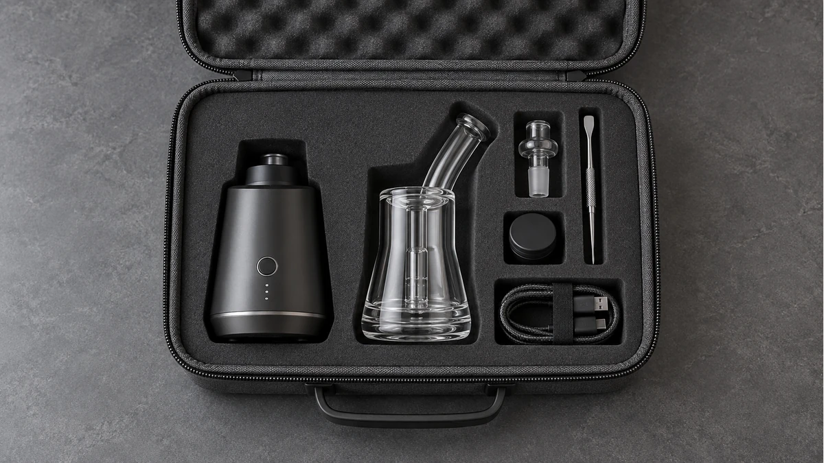 Foam case with separate cutouts for a portable dab rig Foam case with separate cutouts for a portable dab rig