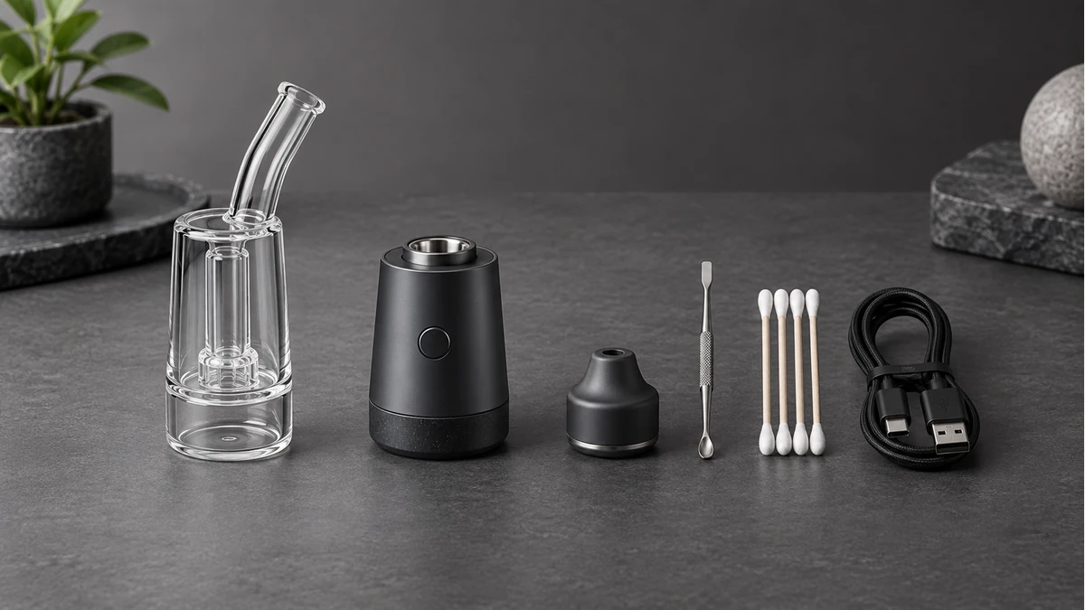 Portable dab rig base, glass, cap, tools, swabs and cable Portable dab rig base, glass, cap, tools, swabs and cable