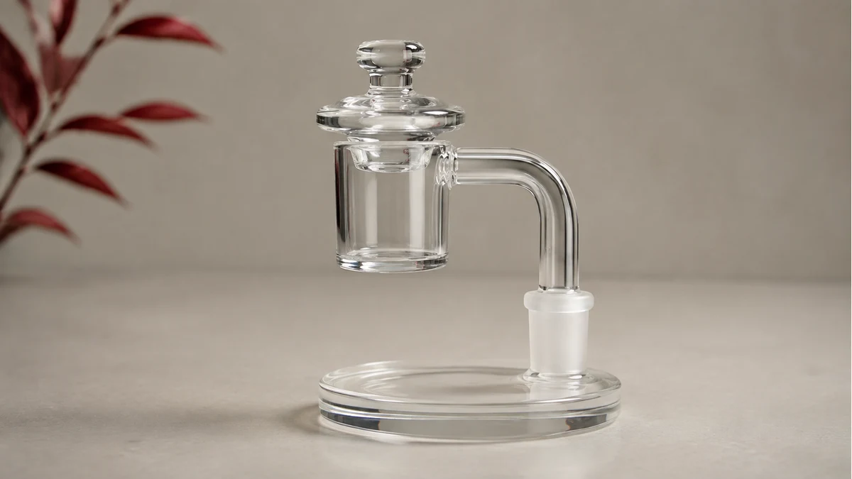 Quartz banger and carb cap assembled on a stable base
