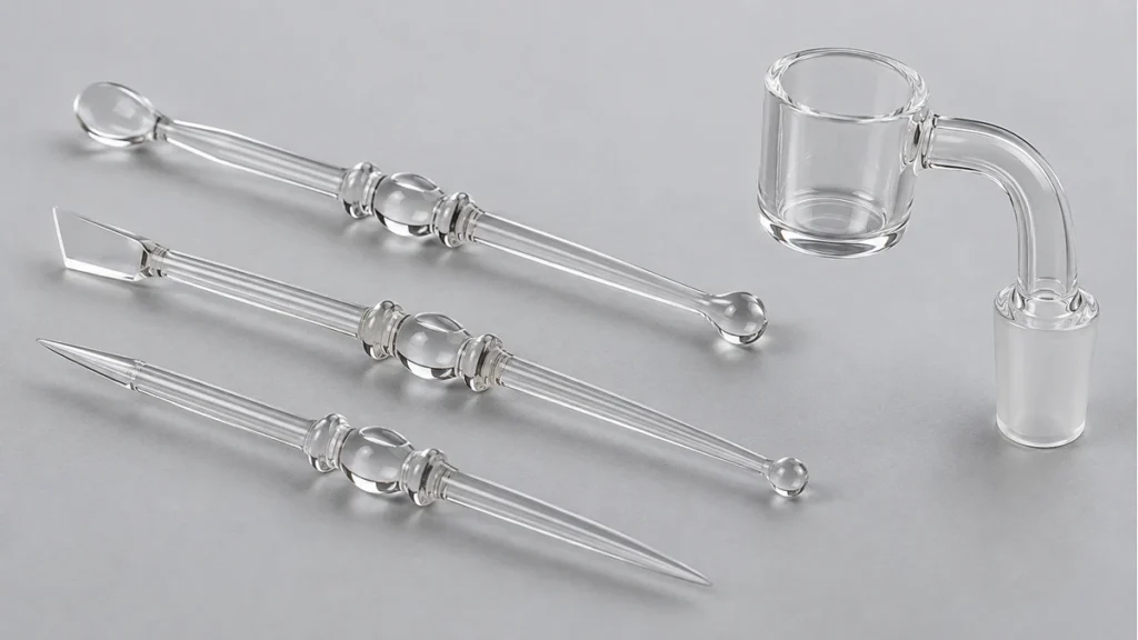 Quartz dab tools with different tip profiles beside a quartz banger