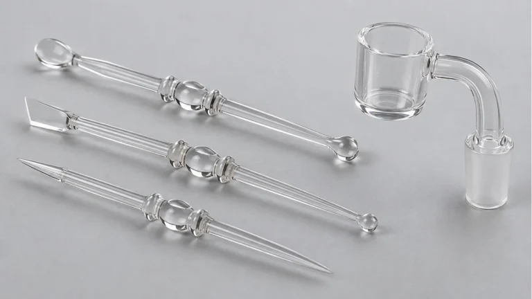 Quartz dab tools with different tip profiles beside a quartz banger