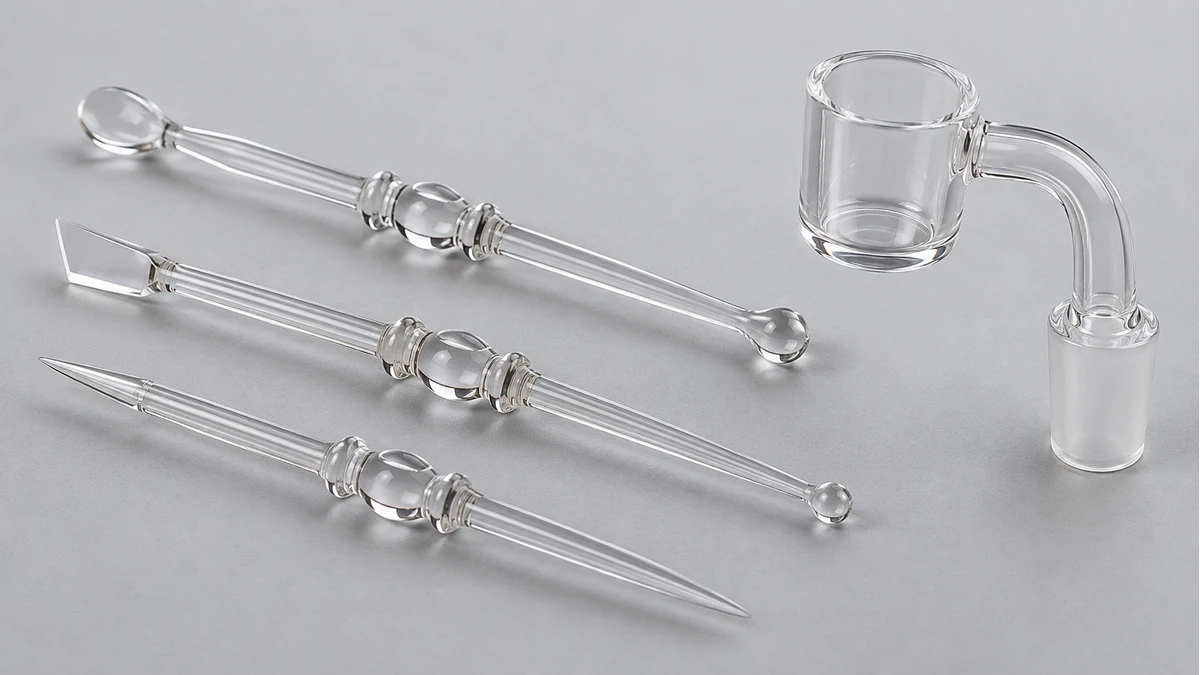 Quartz dab tools with different tip profiles beside a quartz banger