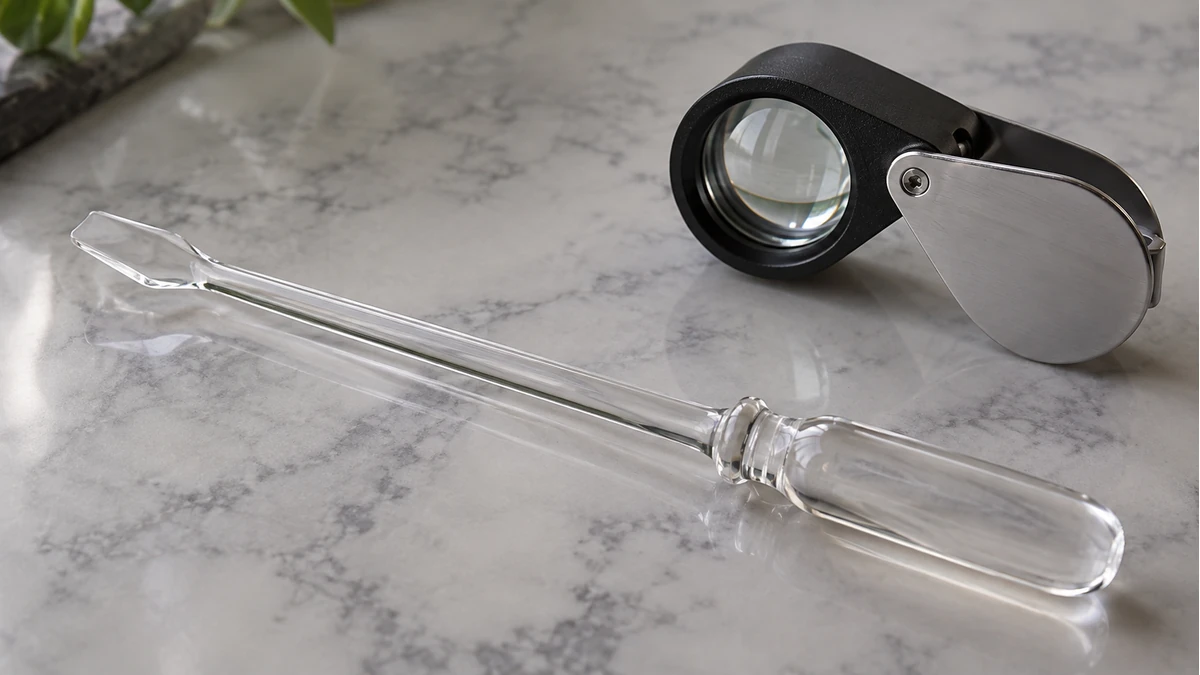 Quartz dab tool examined under a magnifier for surface flaws