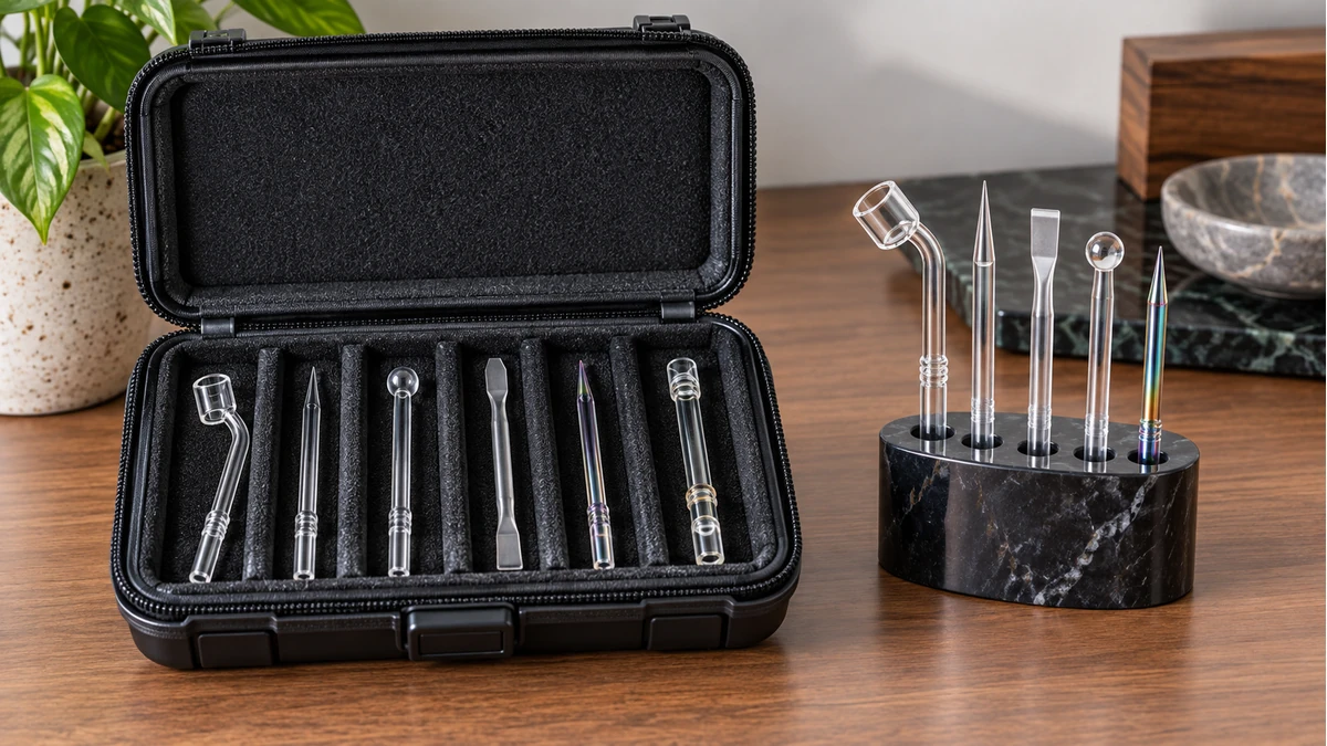 Quartz dab tools separated in a padded storage case and stand