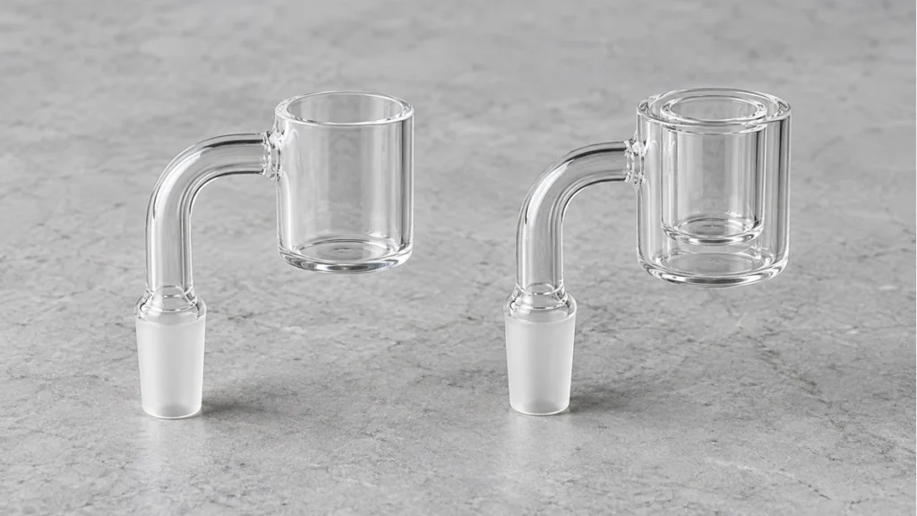 Standard quartz bucket beside a double-wall quartz thermal banger