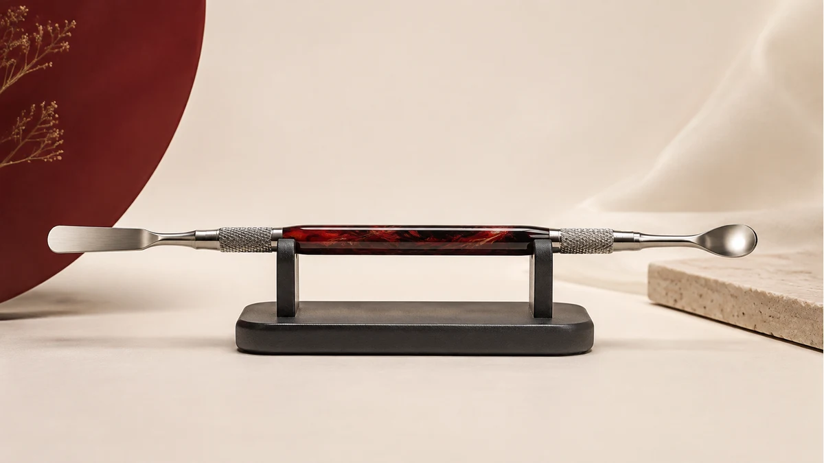Resin dab tool resting on a stand