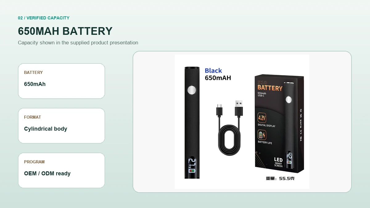 AOVAPE 650mAh Digital Display Vape Pen Battery verified 650mAh capacity presentation