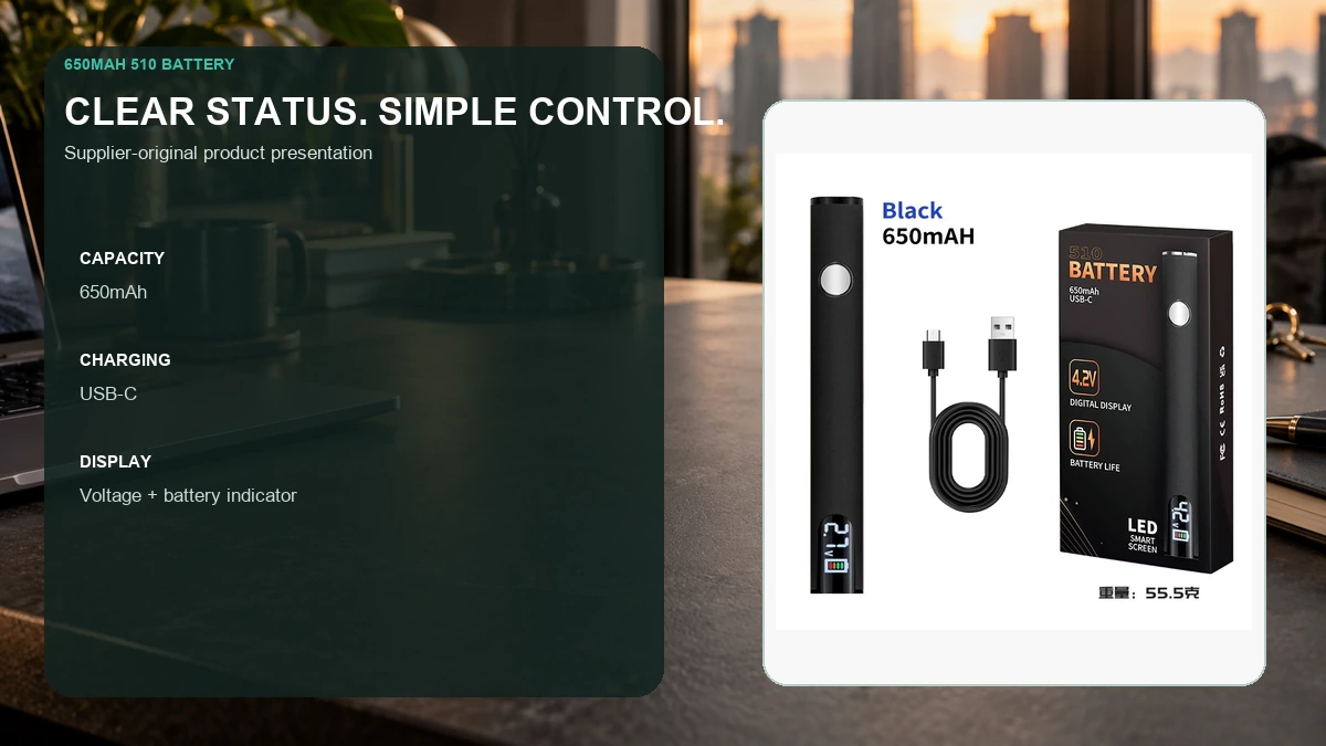 AOVAPE 650mAh Digital Display Vape Pen Battery in an adult urban desktop presentation