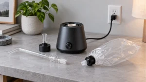 Tabletop dry herb vaporizer with chamber and power cord