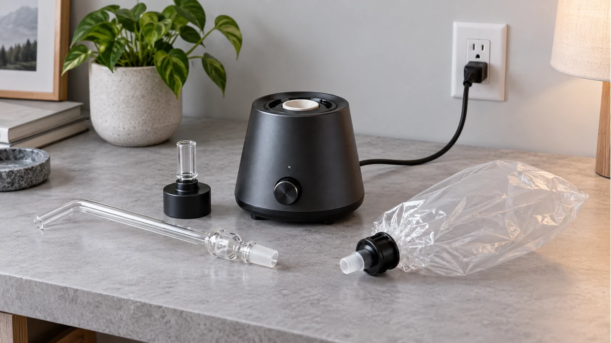 Tabletop dry herb vaporizer with chamber and power cord