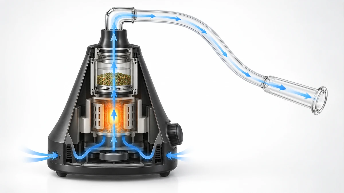 Cutaway tabletop vaporizer showing heater and airflow route