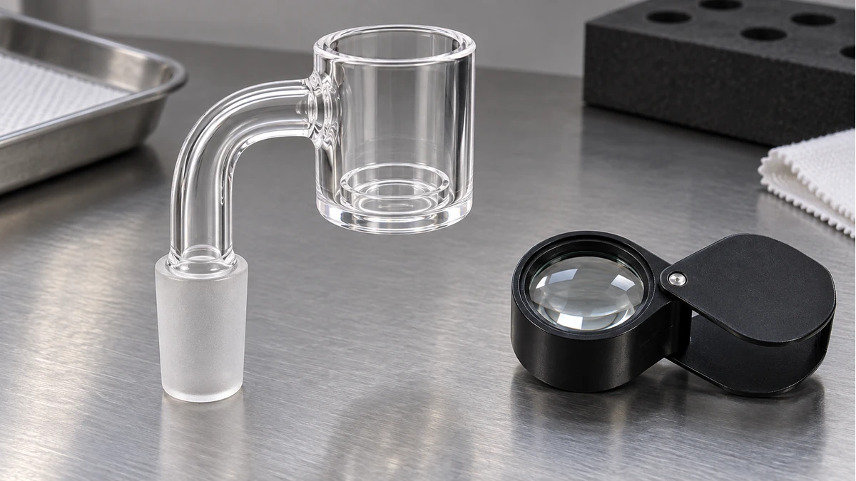 Quartz thermal banger beside a magnifying loupe on an inspection bench