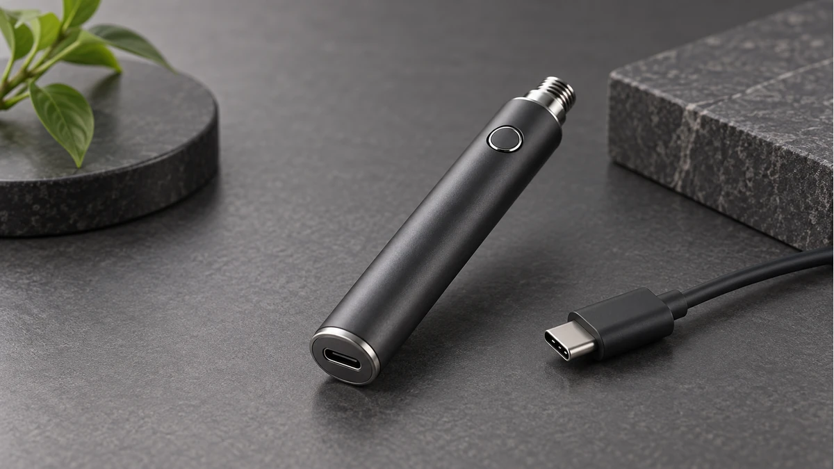 USB-C port and cable plug beside a 510 battery