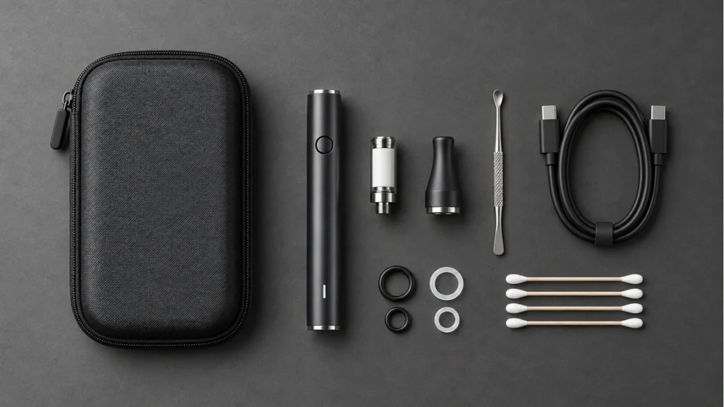 Wax pen kit with battery, chamber, tool, cable and cleaning parts