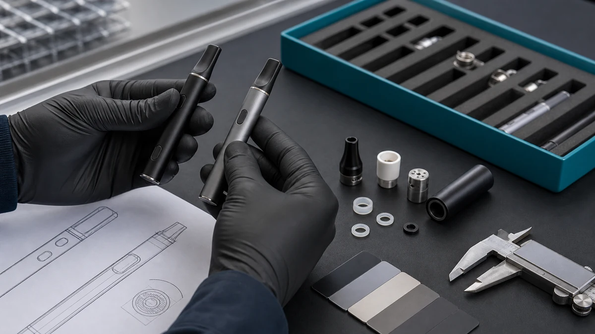 Technician reviewing wax pen prototypes and concentrate heating chamber components