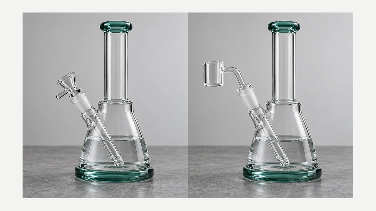 Same water chamber shown in bong and dab-rig configurations