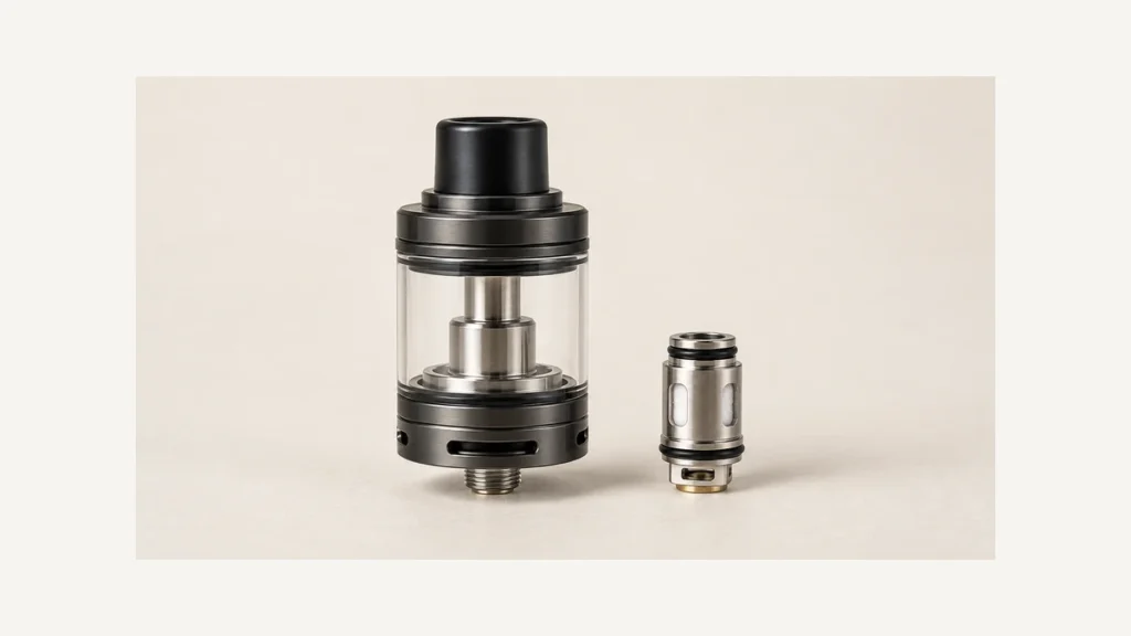 Complete empty glass vape tank beside a separate premade coil head