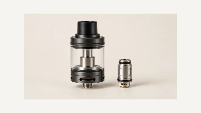 Complete empty glass vape tank beside a separate premade coil head
