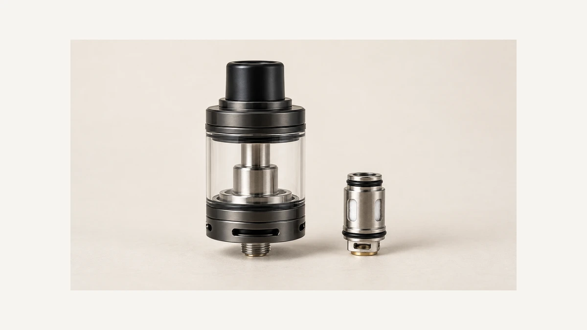 Complete empty glass vape tank beside a separate premade coil head