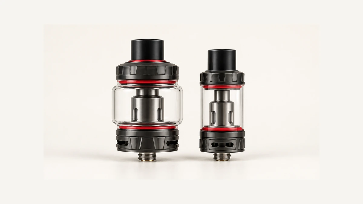 Two complete empty glass vape tanks with different reservoir widths
