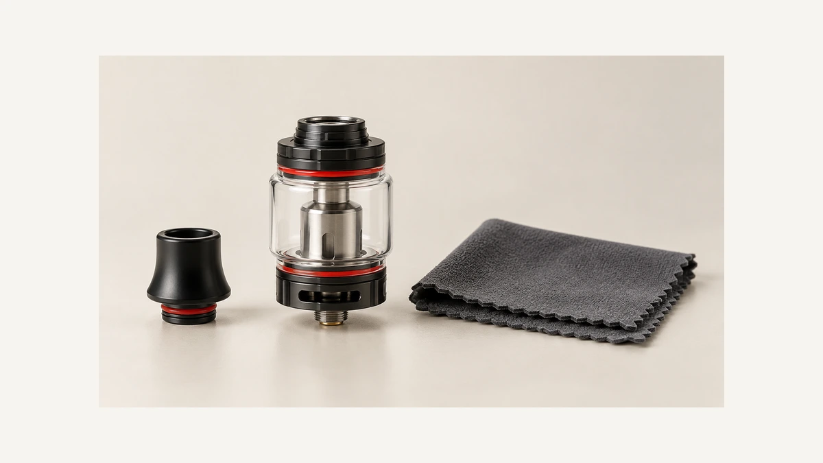 Empty vape tank beside its removable mouthpiece and cleaning cloth