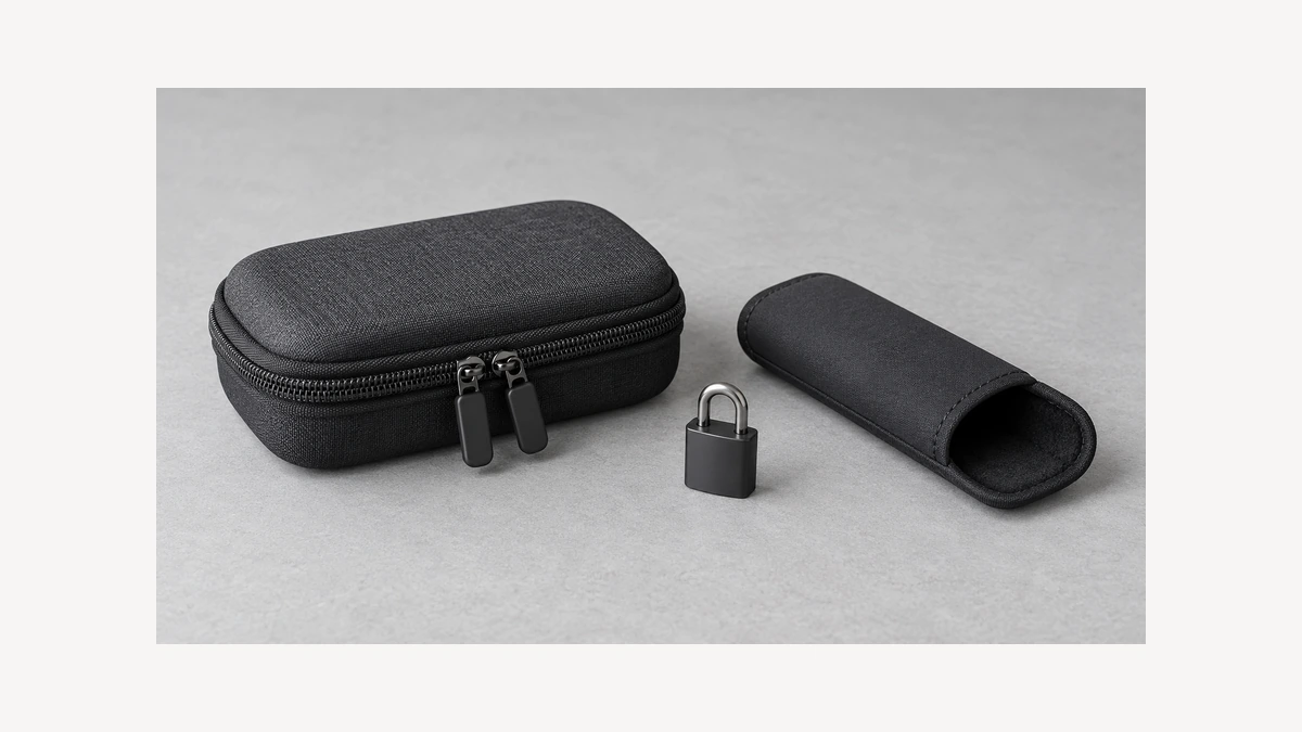 Accessory pouch with two zipper tabs beside separate padlock and empty sleeve