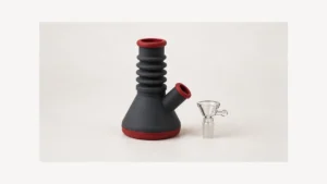 Accordion silicone body beside a separate clear glass bowl
