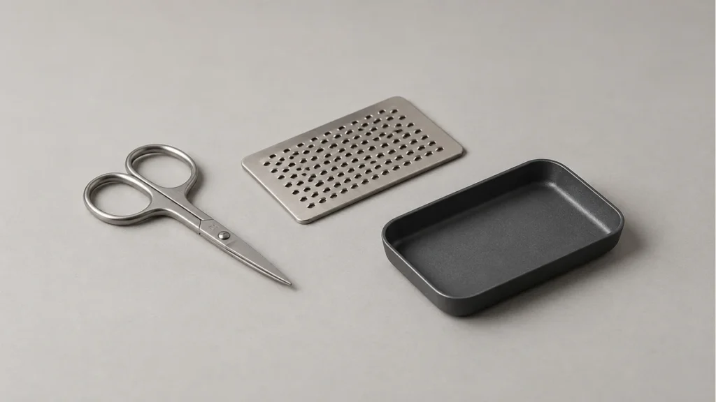 Small scissors, perforated metal grinder card and empty collection tray