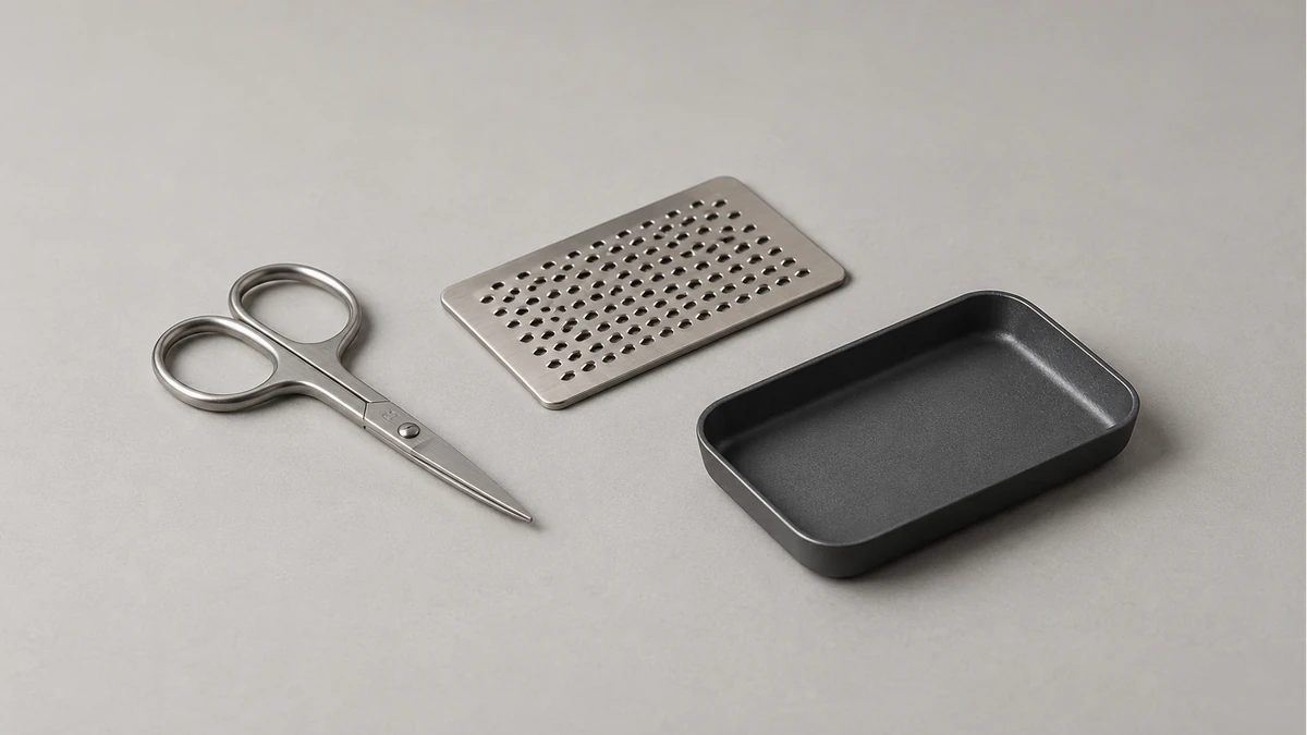 Small scissors, perforated metal grinder card and empty collection tray Small scissors, perforated metal grinder card and empty collection tray