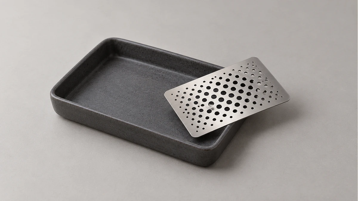 Perforated metal grinder card beside an empty shallow tray Perforated metal grinder card beside an empty shallow tray