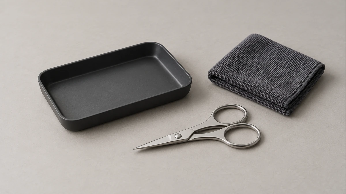 Small scissors beside an empty collection tray and dry cloth Small scissors beside an empty collection tray and dry cloth