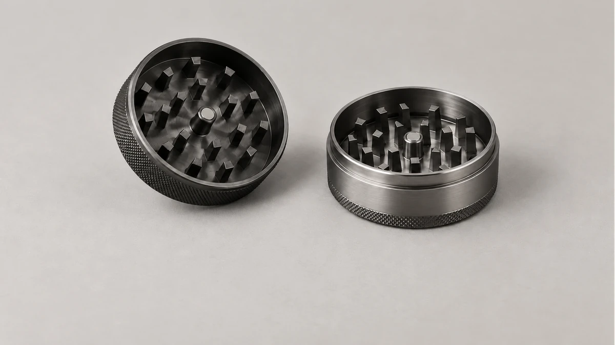 Two open toothed halves of a plain metal herb grinder Two open toothed halves of a plain metal herb grinder