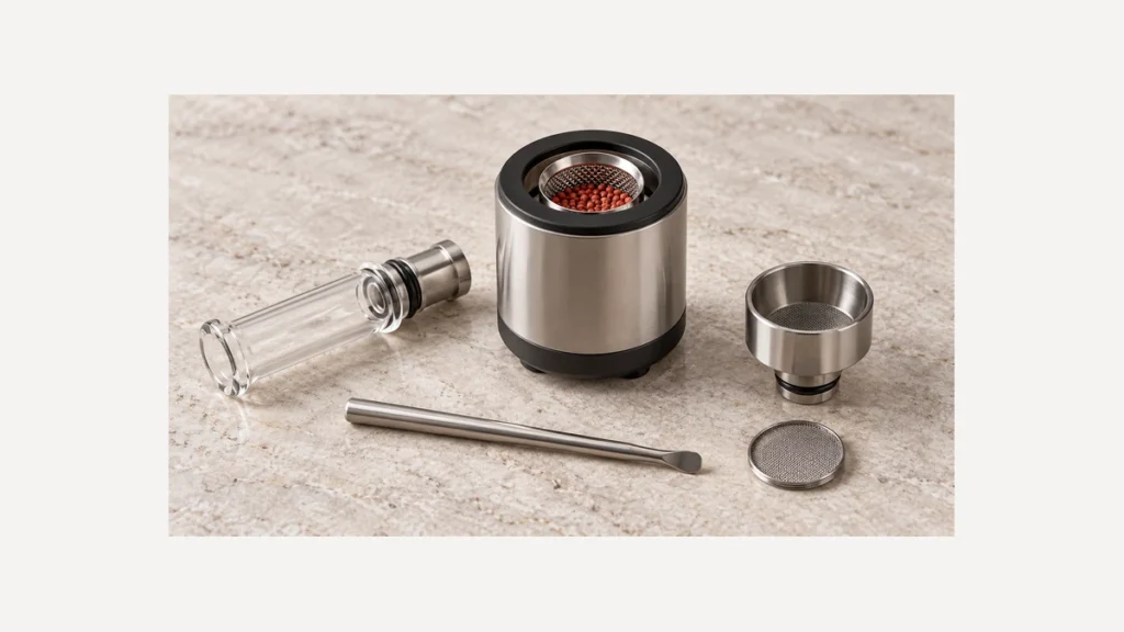 Generic desktop heater and diffuser assembly beside separate glass and bowl components