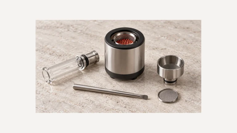 Generic desktop heater and diffuser assembly beside separate glass and bowl components